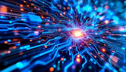 Abstract Digital Circuitry:  A Glowing Network of Data Streams