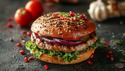 Wall Mural - A juicy burger with lettuce, tomato, onion, and pickles on a sesame seed bun, garnished with pomegranate seeds, with tomatoes and garlic in the background.