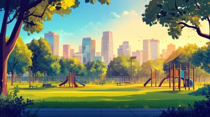 Wall Mural - City park playground sunny day illustration.