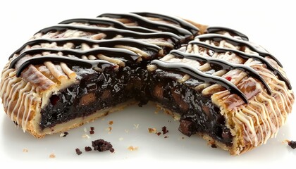 Wall Mural - A chocolate and berry pie with a flaky crust, drizzled with chocolate and white icing, partially sliced open to reveal the rich filling.