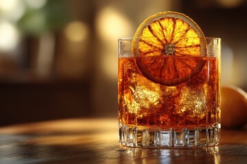 Close-up of a cocktail glass with dried orange garnish on a wooden table in soft natural lighting