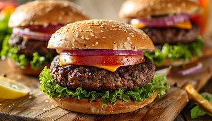 Wall Mural - Close-up of a juicy cheeseburger with lettuce, tomato, onion, and cheese on a sesame seed bun.