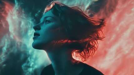 Poster - Dreamy Surreal Portrait of a Woman in Red and Teal