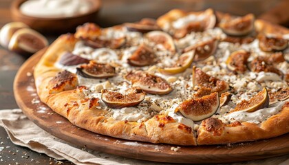 Wall Mural - Gourmet fig and ricotta pizza with a wooden board, cream, and a rustic tablecloth.