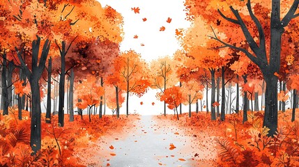 Wall Mural - Watercolor Painting of an Autumn Forest Path with Vibrant Orange and Red Leaves.