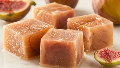 Wall Mural - Close up of four fig jelly cubes with whole figs in the background.