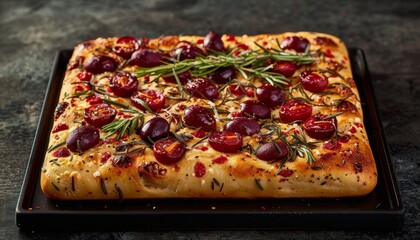 Wall Mural - A freshly baked focaccia bread topped with cherry tomatoes, rosemary sprigs, and black olives.