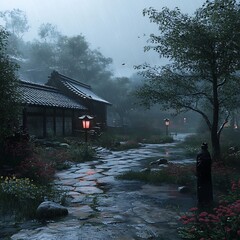 Sticker - A lone figure stands in contemplation along a rain-soaked stone path winding through a serene Japanese village.