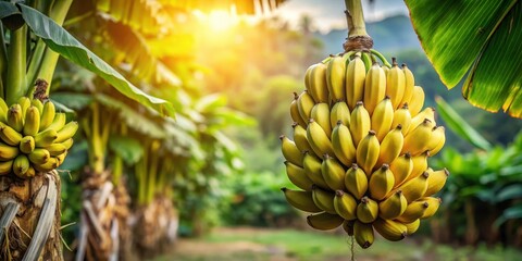 Wall Mural - Cluster of ripe bananas hanging from a tree in an Indonesian plantation, tropical, fruit, agriculture, harvest, bunch, natural