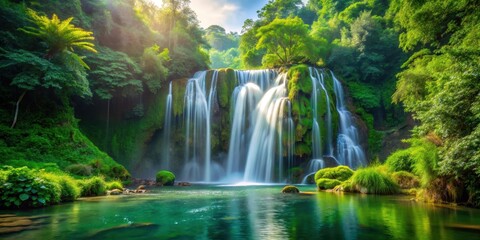 Sticker - Majestic waterfall surrounded by lush greenery, waterfall, nature, scenic, landscape, beauty, serene, tranquil, outdoor