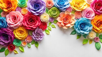 A vibrant arrangement of colorful paper roses in a beautiful floral pattern against a soft white background , rose