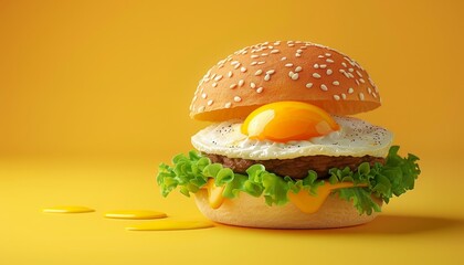 Wall Mural - A delicious burger with a fried egg, cheese and lettuce on a sesame seed bun, with a yellow background and cheese drippings.