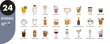© mimi - Colorful beverages, drinks thin line icons set. Juice, coffee, cappuccino, espresso, milk, hot chocolate, bubble tea, soda, water, champagne, wine, milkshake, whiskey, martini, vector illustration