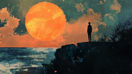 Wall Mural - Solitude by the Ocean: Sunset Silhouette