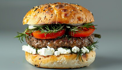 Wall Mural - A juicy beef burger topped with feta cheese, tomatoes, red onion, and rosemary sprigs on a sesame seed bun.