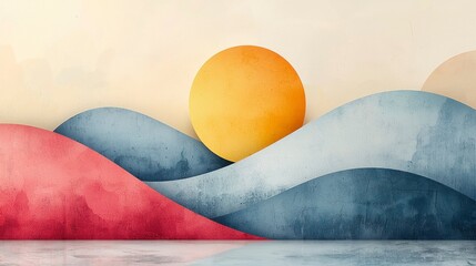 Wall Mural - Abstract landscape with sun and rolling hills.