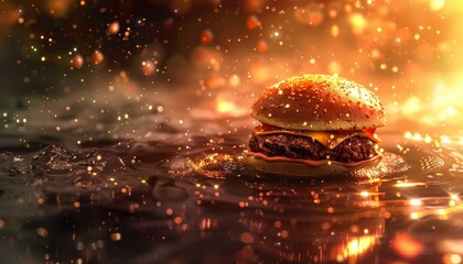 Wall Mural - A delicious burger floating on a sparkling water surface.