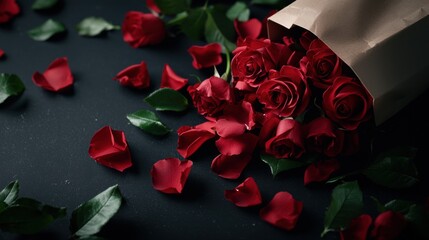 Wall Mural - Fresh red roses spilling from a brown paper bag