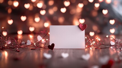 Wall Mural - Romantic blank card surrounded by heart-shaped lights