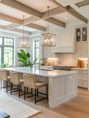 Wall Mural - Modern Kitchen Island with Gold Lighting and Wood Beams