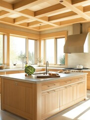 Wall Mural - Modern Light Wood Kitchen Island and Coffered Ceiling