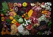 © ANUAR - Vibrant Arrangement of Fresh Vegetables, Fruits, Meats, and Grains on Dark Background, Perfect for Culinary, Healthy Eating, and Lifestyle Visuals in Stock Photography