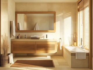 Wall Mural - Modern minimalist bathroom with wooden vanity and bathtub