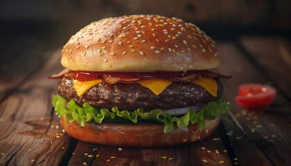 Wall Mural - A juicy cheeseburger with bacon and lettuce on a wooden table, with a half tomato on the side.