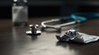 © Dai - Close-Up of a Crumpled Medical Bill on a Wooden Table with a Blurred Stethoscope and Prescription Bottle in the Background, Symbolizing Financial Stress and Healthcare Costs in Today's Society