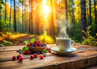 Canvas Print - Rustic Wooden Table Coffee Forest Berries Drone View