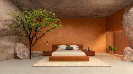 Fototapete - A tranquil bedroom featuring natural elements, warm colors, and minimalist design, blending modern aesthetics with organic features