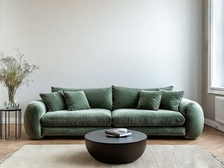 Cozy green sofa interior design inspiration for home living room modern aesthetic natural light minimalist vibe