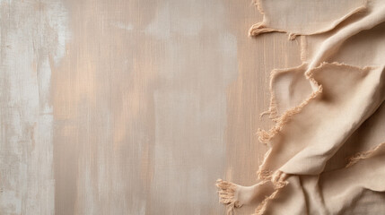 Fototapete - Soft beige fabric draped on textured wooden surface, creating warm and inviting atmosphere