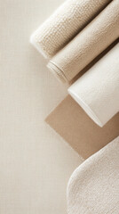 Fototapete - Soft beige fabric rolls arranged neatly, showcasing various textures and shades. Ideal for interior design projects