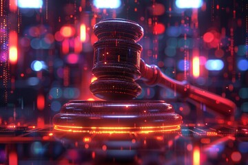Wall Mural - a glowing judge's gavel on a platform surrounded by red and blue lights. ai generative. .