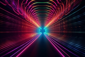 Wall Mural - abstract colorful neon lines converging in the center of a dark tunnel. ai generative. .