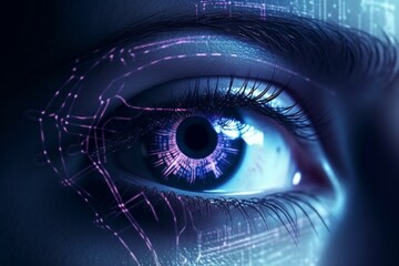 Wall Mural - close-up of an eye with pink and blue digital lines. ai generative. .