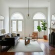 © KenPix - Scandinavian living room, minimalist interior design, arched windows, natural light, wooden floors, grey sofa, round coffee table, pendant light, fiddle leaf fig plant, neutral color palette, high cei