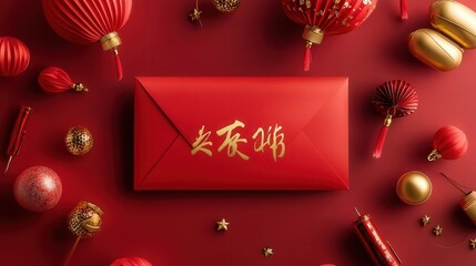 Wall Mural - Chinese New Year 2025 red envelope, featuring gold calligraphy and surrounded by festive symbols like firecrackers and lanterns