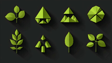 Wall Mural - green geometric leaf icons, dark background, design elements, website graphics