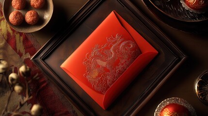 Wall Mural - red envelope with a regal dragon design, resting on a lacquer tray alongside festive Lunar New Year treats.