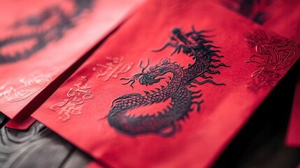 Wall Mural - red envelopes with minimalist dragon designs, arranged neatly for Chinese New Year gifting