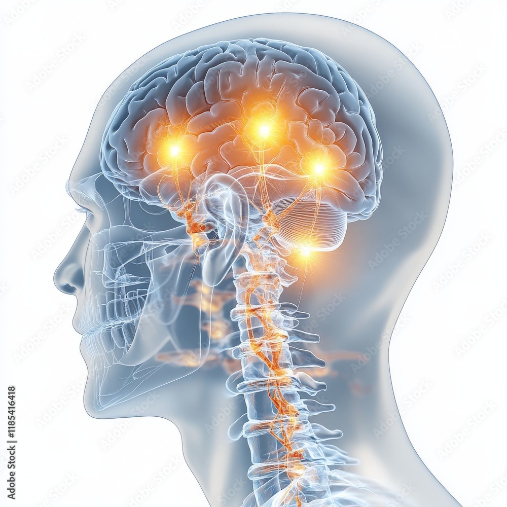 X ray style illustration of a human skull with glowing brain activity ...