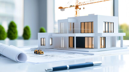 Modern architectural model on blueprints with construction crane in background