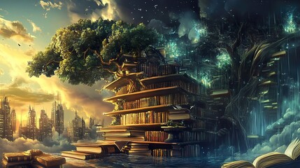 Canvas Print - Enchanted Library: A Fantasy Cityscape