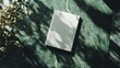 © SlashStd - Blank book mockup on green marble surface with plant shadow.