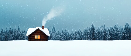 Wall Mural - A cozy cabin surrounded by snow-covered trees, with smoke rising from the chimney under a serene, wintry sky.