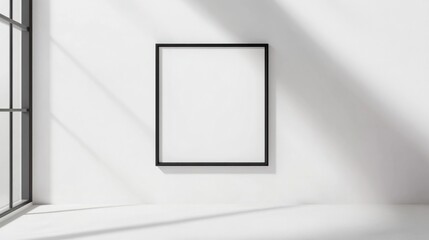 Wall Mural - Blank square frame on white wall with window shadow.