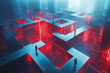 © huntspy - Abstract maze with glowing red pathways and figures navigating through digital landscape, symbolizing challenges in business and technology