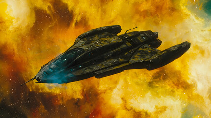 Wall Mural - spaceship navigating fiery nebula, cosmic exploration, interstellar travel, science fiction artwork.